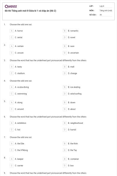 Đề thi Tiếng anh mới 8 Giữa kì 1 có đáp án (Đề 2)