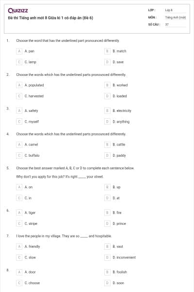 Đề thi Tiếng anh mới 8 Giữa kì 1 có đáp án (Đề 6)