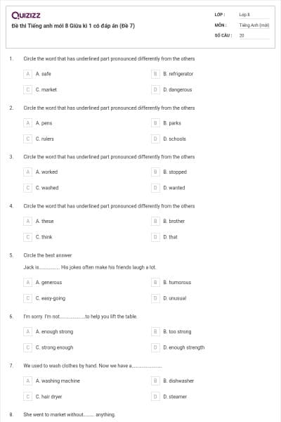 Đề thi Tiếng anh mới 8 Giữa kì 1 có đáp án (Đề 7)