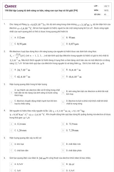 190 Bài tập Lượng tử ánh sáng cơ bản, nâng cao cực hay có lời giải (P4)