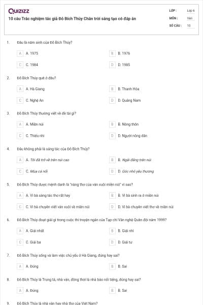 10 câu Trắc nghiệm tác giả Đỗ Bích Thúy Chân trời sáng tạo có đáp án