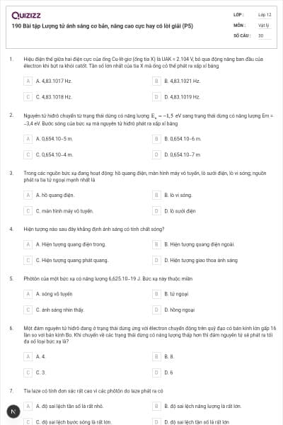 190 Bài tập Lượng tử ánh sáng cơ bản, nâng cao cực hay có lời giải (P5)
