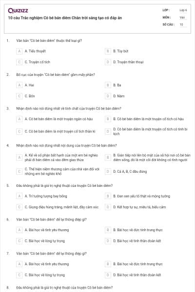10 câu Trắc nghiệm Cô bé bán diêm Chân trời sáng tạo có đáp án