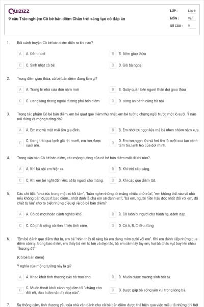 9 câu Trắc nghiệm Cô bé bán diêm Chân trời sáng tạo có đáp án