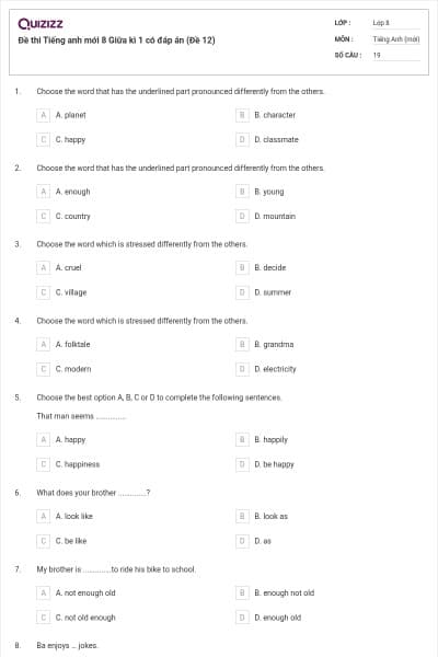 Đề thi Tiếng anh mới 8 Giữa kì 1 có đáp án (Đề 12)