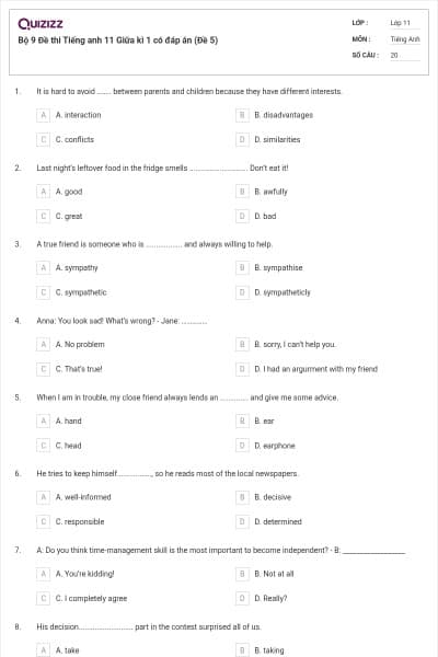 Bộ 9 Đề thi Tiếng anh 11 Giữa kì 1 có đáp án (Đề 5)