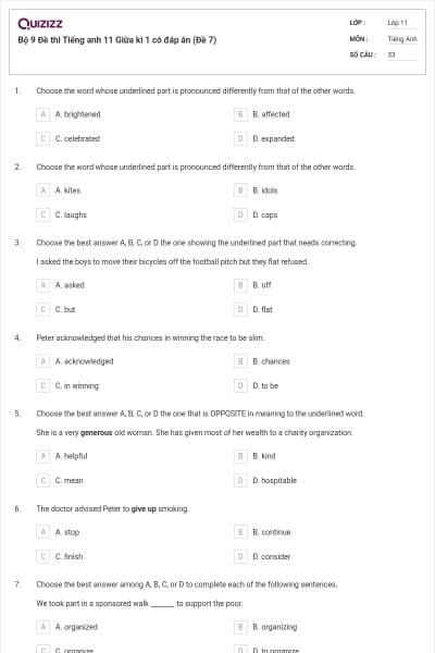 Bộ 9 Đề thi Tiếng anh 11 Giữa kì 1 có đáp án (Đề 7)