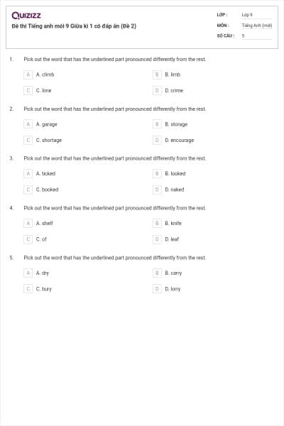 Đề thi Tiếng anh mới 9 Giữa kì 1 có đáp án (Đề 2)