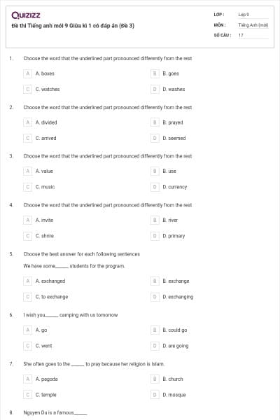 Đề thi Tiếng anh mới 9 Giữa kì 1 có đáp án (Đề 3)