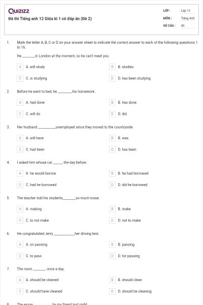 Đề thi Tiếng anh 12 Giữa kì 1 có đáp án (Đề 2)