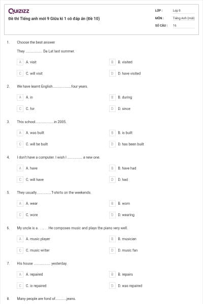 Đề thi Tiếng anh mới 9 Giữa kì 1 có đáp án (Đề 10)