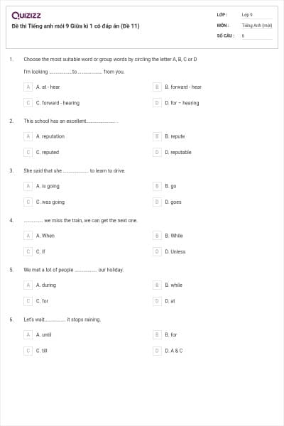 Đề thi Tiếng anh mới 9 Giữa kì 1 có đáp án (Đề 11)