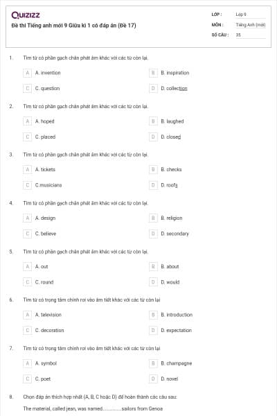 Đề thi Tiếng anh mới 9 Giữa kì 1 có đáp án (Đề 17)
