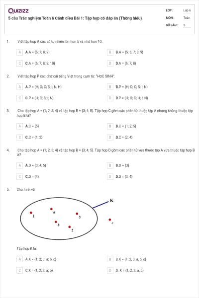 5 câu Trắc nghiệm Toán 6 Cánh diều Bài 1: Tập hợp có đáp án (Thông hiểu)