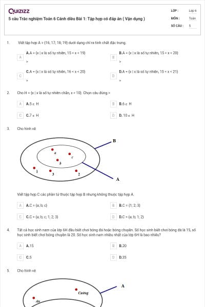 5 câu Trắc nghiệm Toán 6 Cánh diều Bài 1: Tập hợp có đáp án ( Vận dụng )