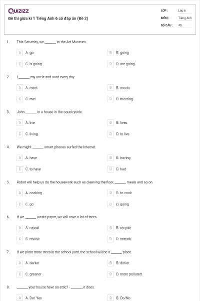 Đề thi giữa kì 1 Tiếng Anh 6 có đáp án (Đề 2)