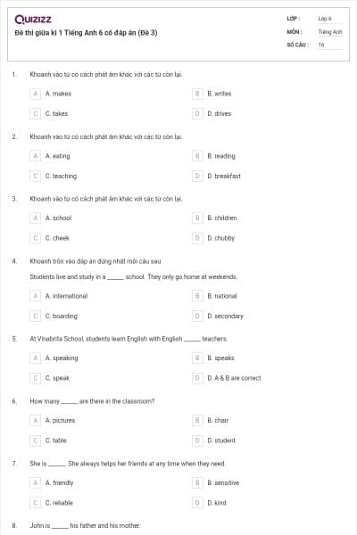 Đề thi giữa kì 1 Tiếng Anh 6 có đáp án (Đề 3)