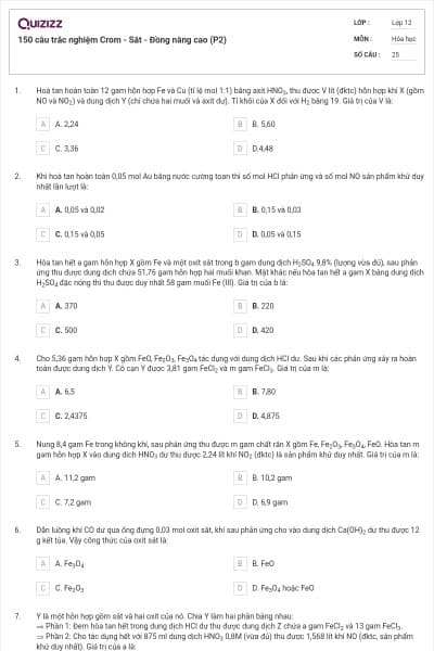 150 câu trắc nghiệm Crom - Sắt - Đồng nâng cao (P2)