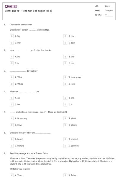 Đề thi giữa kì 1 Tiếng Anh 6 có đáp án (Đề 5)
