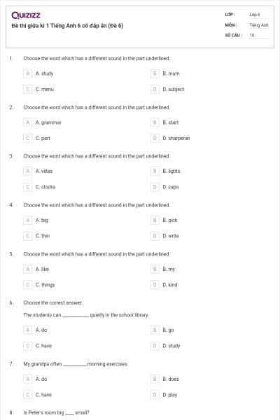Đề thi giữa kì 1 Tiếng Anh 6 có đáp án (Đề 6)