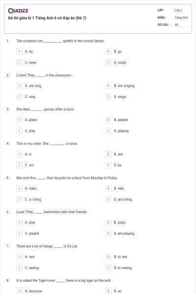 Đề thi giữa kì 1 Tiếng Anh 6 có đáp án (Đề 7)