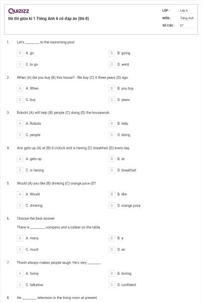 Đề thi giữa kì 1 Tiếng Anh 6 có đáp án (Đề 8)