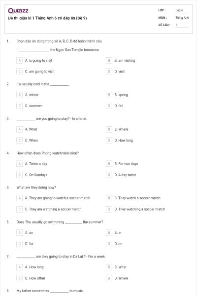 Đề thi giữa kì 1 Tiếng Anh 6 có đáp án (Đề 9)