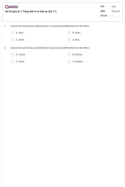 Đề thi giữa kì 1 Tiếng Anh 6 có đáp án (Đề 11)