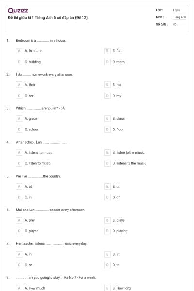 Đề thi giữa kì 1 Tiếng Anh 6 có đáp án (Đề 12)