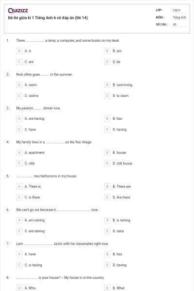 Đề thi giữa kì 1 Tiếng Anh 6 có đáp án (Đề 14)