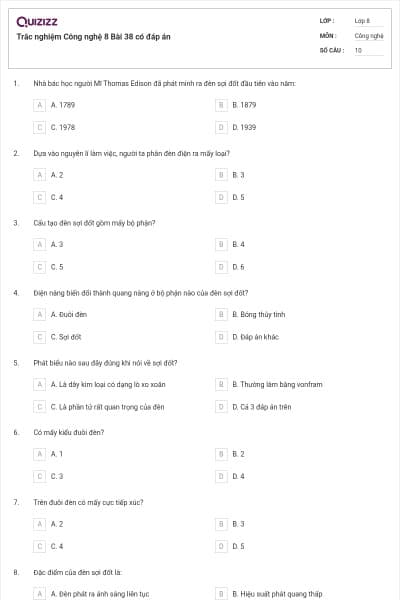 Trắc nghiệm Công nghệ 8 Bài 38 có đáp án