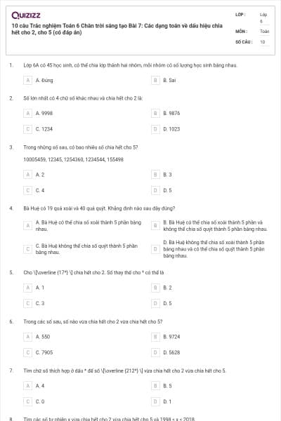 10 câu Trắc nghiệm Toán 6 Chân trời sáng tạo Bài 7: Các dạng toán về dấu hiệu chia hết cho 2, cho 5 (có đáp án)