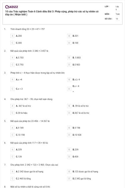 10 câu Trắc nghiệm Toán 6 Cánh diều Bài 3: Phép cộng, phép trừ các số tự nhiên có đáp án ( Nhận biết )