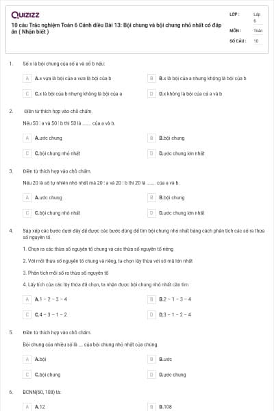 10 câu Trắc nghiệm Toán 6 Cánh diều Bài 13: Bội chung và bội chung nhỏ nhất có đáp án ( Nhận biết )