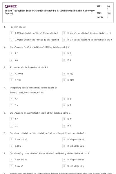 10 câu Trắc nghiệm Toán 6 Chân trời sáng tạo Bài 8: Dấu hiệu chia hết cho 3, cho 9 (có đáp án)