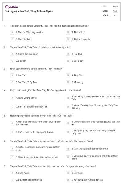 Trắc nghiệm Sơn Tinh, Thủy Tinh có đáp án