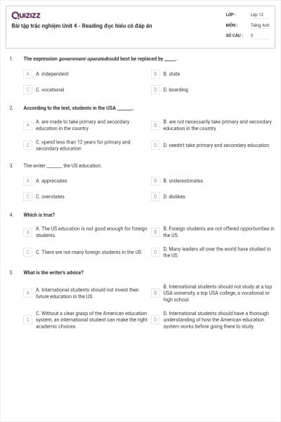 Bài tập trắc nghiệm Unit 4 - Reading đọc hiểu có đáp án