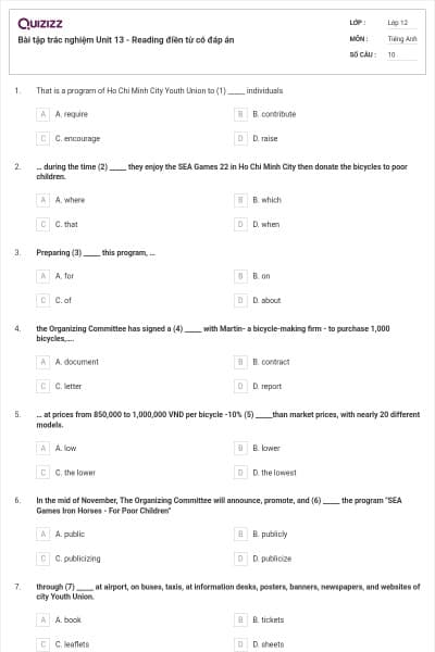 Bài tập trác nghiệm Unit 13 - Reading điền từ có đáp án