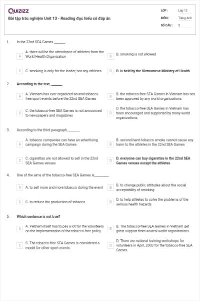 Bài tập trác nghiệm Unit 13 - Reading đọc hiểu có đáp án