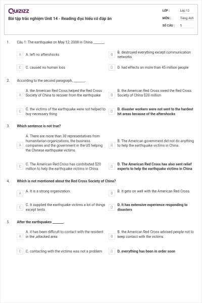 Bài tập trắc nghiệm Unit 14 - Reading đọc hiểu có đáp án
