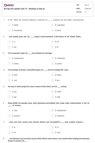 Bài tập trắc nghiệm Unit 15 - Reading có đáp án