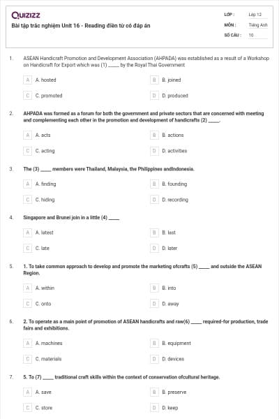 Bài tập trắc nghiệm Unit 16 - Reading điền từ có đáp án