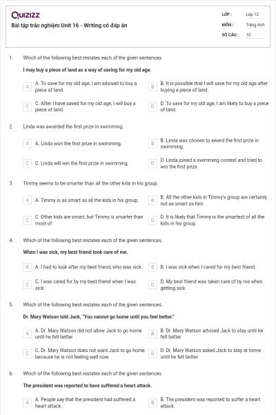 Bài tập trắc nghiệm Unit 16 - Writing có đáp án