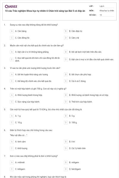 10 câu Trắc nghiệm Khoa học tự nhiên 6 Chân trời sáng tạo Bài 5 có đáp án