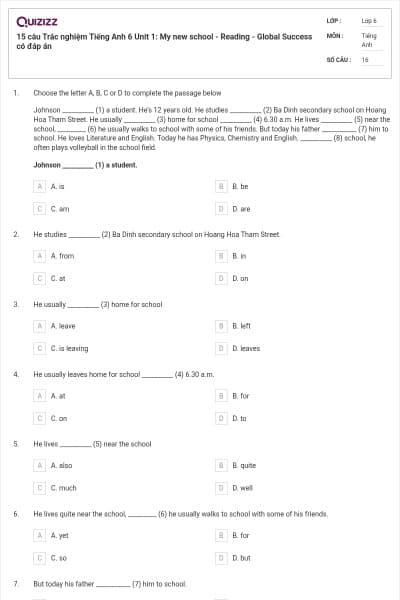 15 câu Trắc nghiệm Tiếng Anh 6 Unit 1: My new school - Reading - Global Success có đáp án