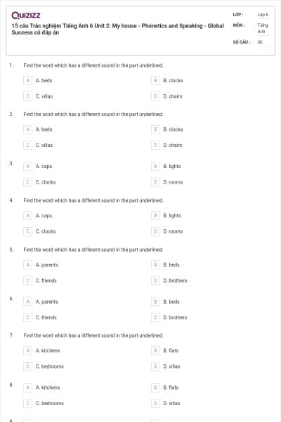 15 câu Trắc nghiệm Tiếng Anh 6 Unit 2: My house - Phonetics and Speaking - Global Success có đáp án
