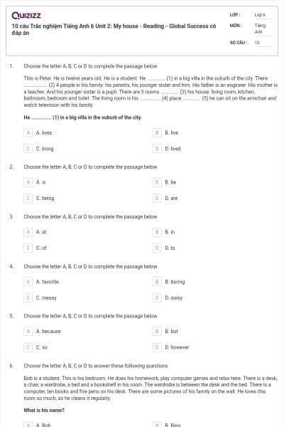 10 câu Trắc nghiệm Tiếng Anh 6 Unit 2: My house - Reading - Global Success có đáp án