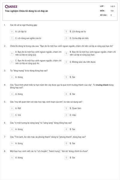 Trắc nghiệm Chữa lỗi dùng từ có đáp án