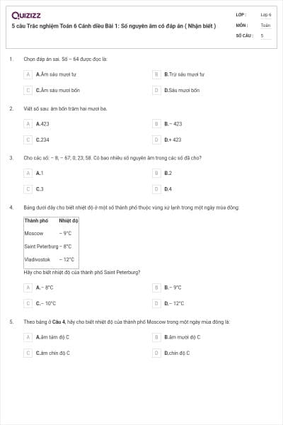 5 câu Trắc nghiệm Toán 6 Cánh diều Bài 1: Số nguyên âm có đáp án ( Nhận biết )
