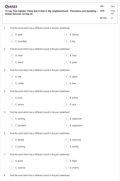 15 câu Trắc nghiệm Tiếng Anh 6 Unit 4: My neighbourhood - Phonetics and Speaking - Global Success có đáp án